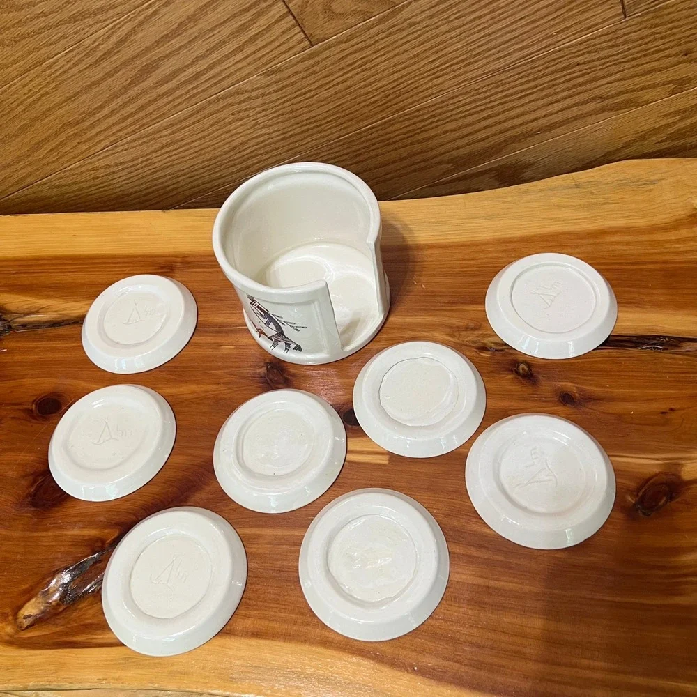 Vtg‎ Signed Handcrafted Southwestern Pottery Coaster Set 8 Pieces Matching Crock